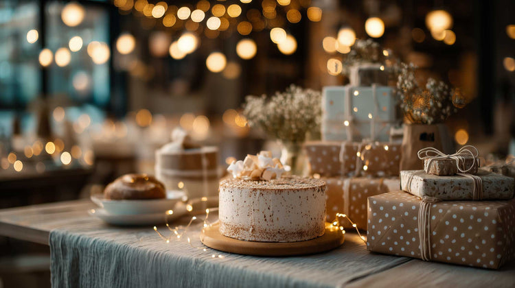 Geburtstagstisch mit Kuchen, Kerzen und elegant verpackten Geburtstagsgeschenken.