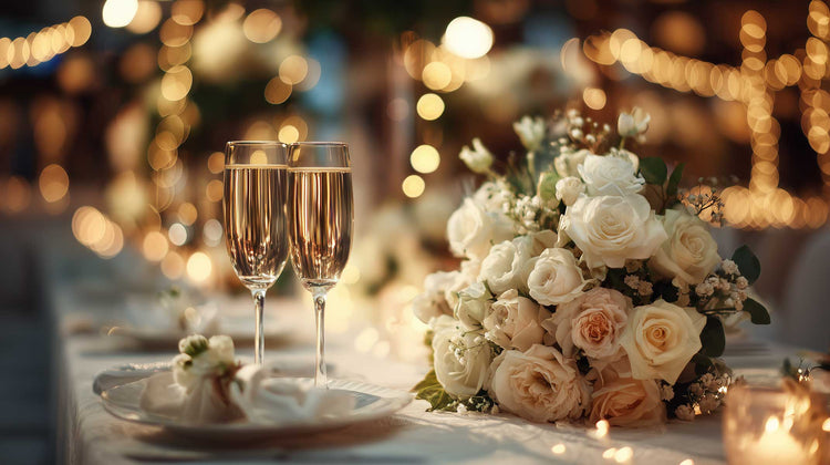 Romantisch gedeckter Hochzeitstisch mit Blumenstrauß, Gläsern und festlicher Beleuchtung.
