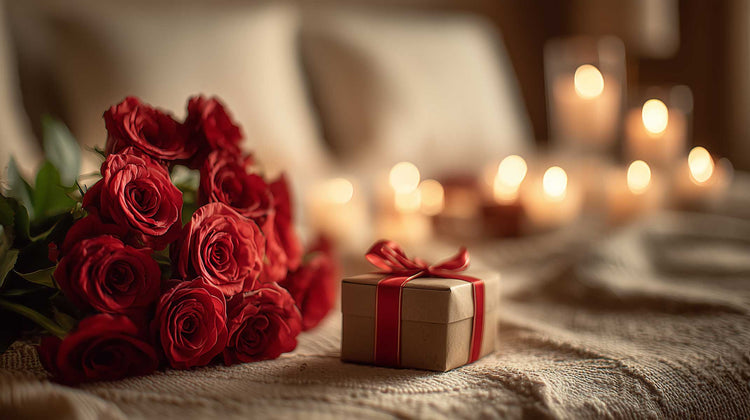 Romantische Szene mit roten Rosen, Kerzenlicht und einem kleinen Geschenk für Valentinstag.