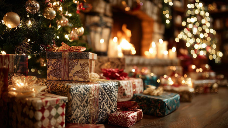 Weihnachtsbaum mit festlich verpackten Geschenken und warmer Lichterkette.