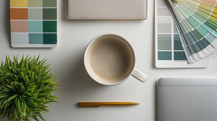 Kreativer Arbeitsplatz mit einer weißen Tasse, Farbmustern und Zubehör zur Gestaltung von personalisierten Tassen.