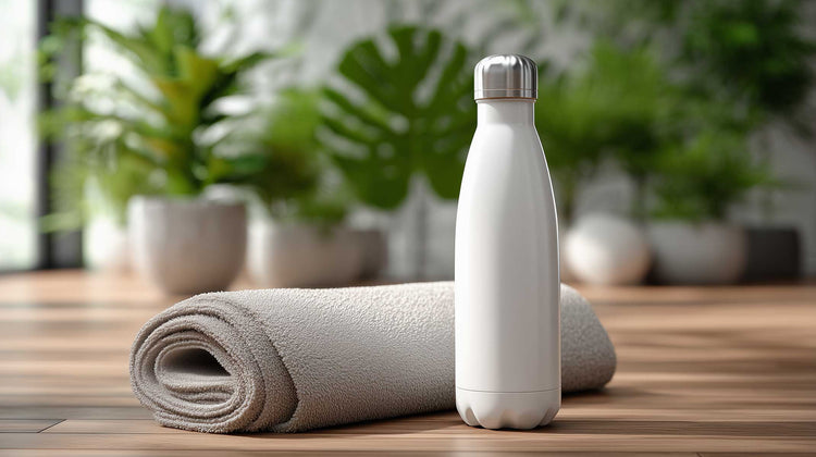 Personalisierbare Trinkflasche aus Edelstahl auf einer Yogamatte in einem hellen Fitnessstudio.