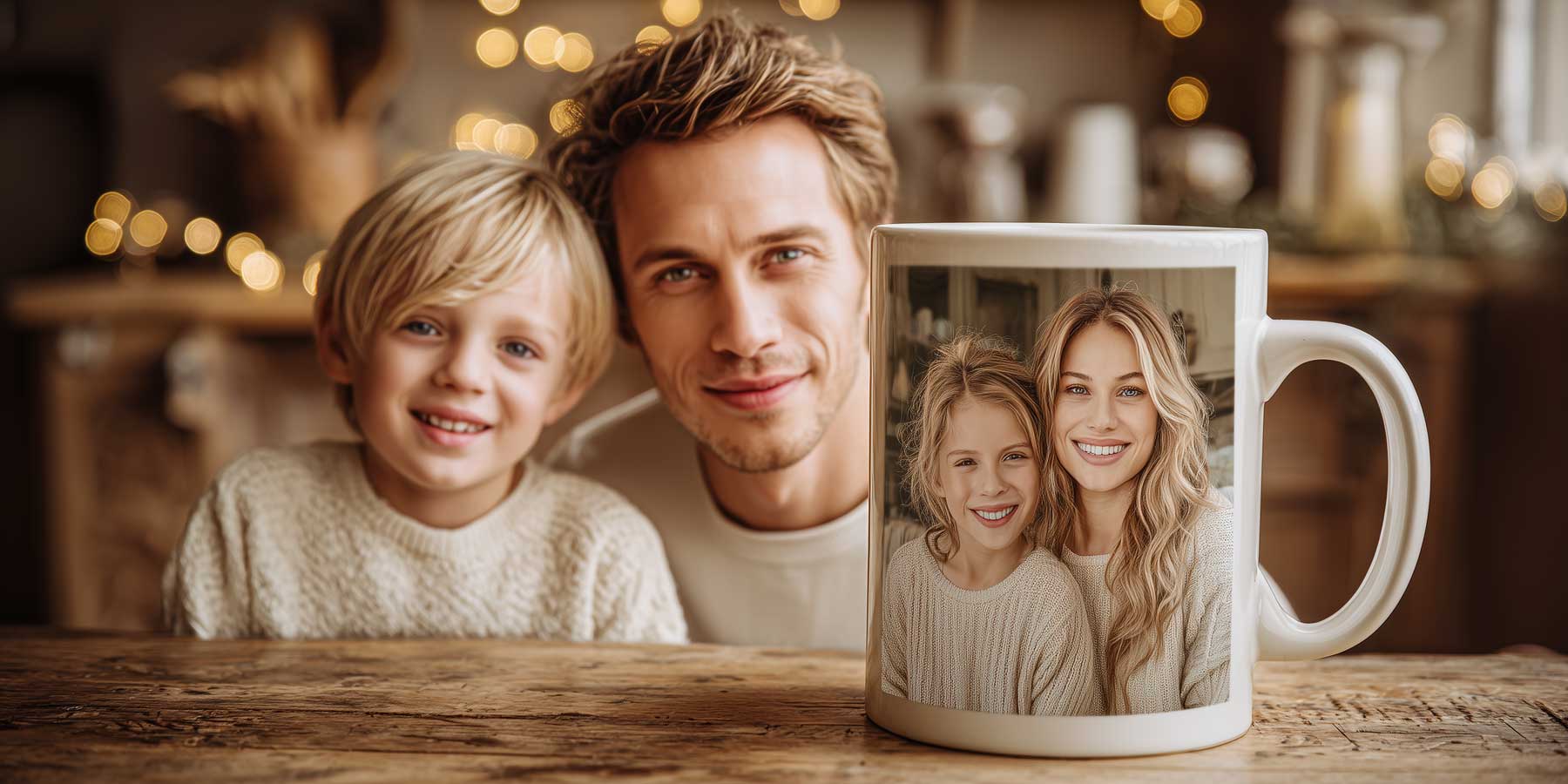Nahaufnahme einer weißen, personalisierten Keramiktasse mit fröhlichem Familienfoto im warmen Morgenlicht.